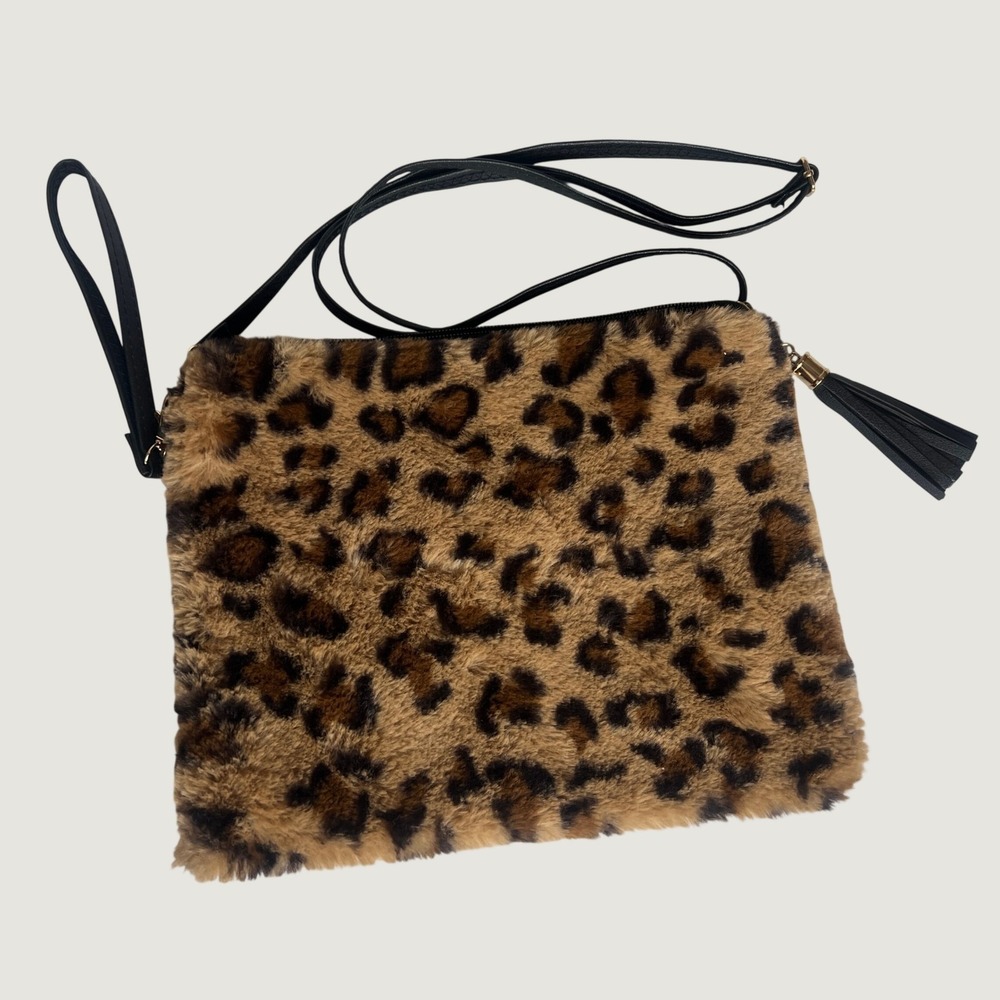 Leopard Print Faux Fur Crossbody Bag Wristlet Tassel Brown Black Animal Print